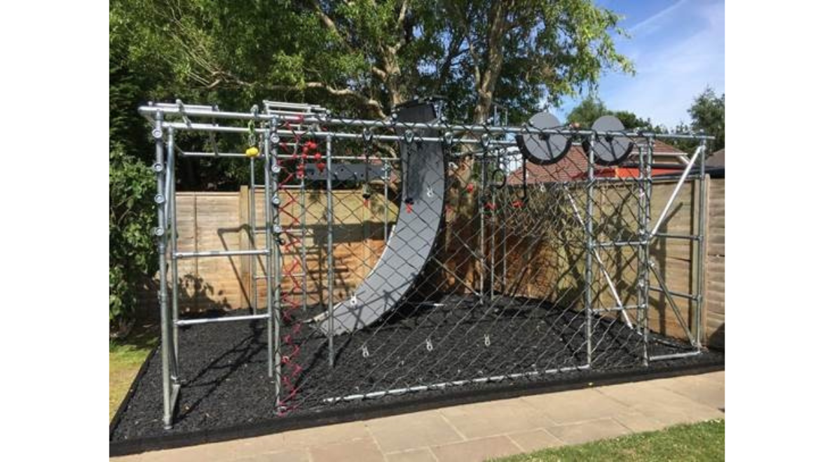 Home Ninja Warrior Style obstacle course made from tube clamp fittings and galvanised tube complete with monkey bars, olympic rings, climbing net and warped wall